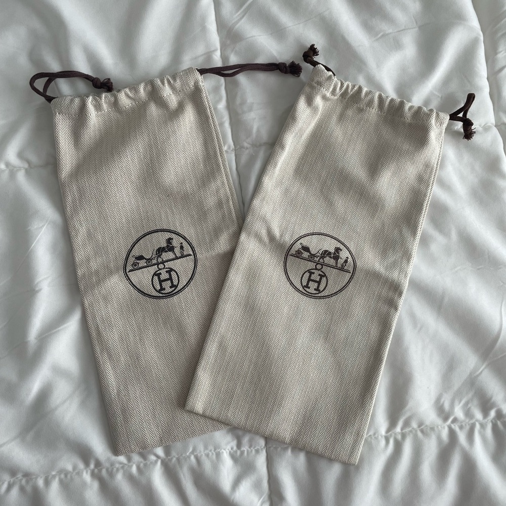 Authentic Hermès Set of 2 Cream Herringbone Drawstring Dust Bags